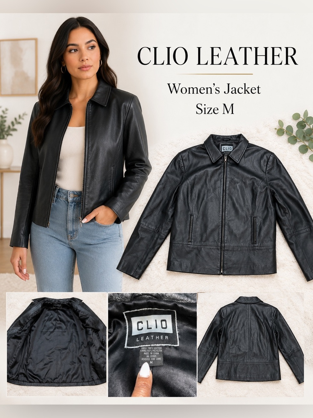 Clio Leather Women’s Black Genuine Leather Zip Jacket Size Medium